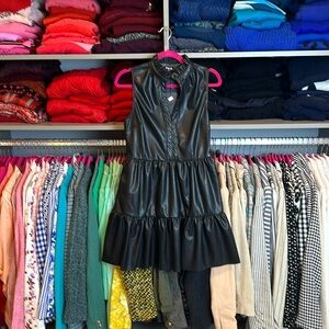 Fate black faux leather sleeveless v neck tiered ruffle cooler dress size S NWT